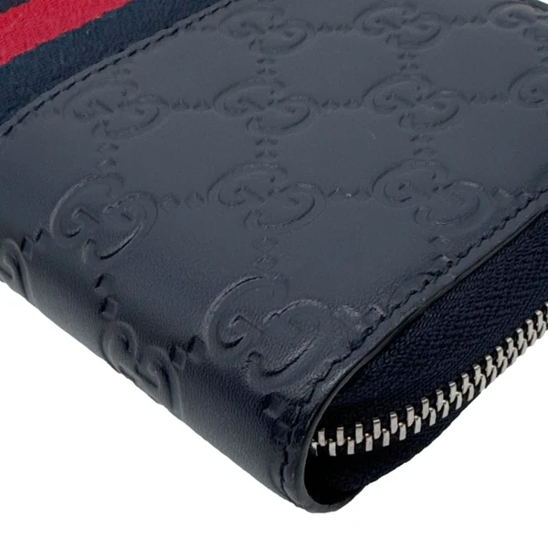 GUCCI Web Leather Zip Around Wallet Navy Blue 459138