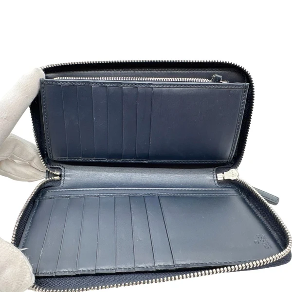 GUCCI Web Leather Zip Around Wallet Navy Blue 459138