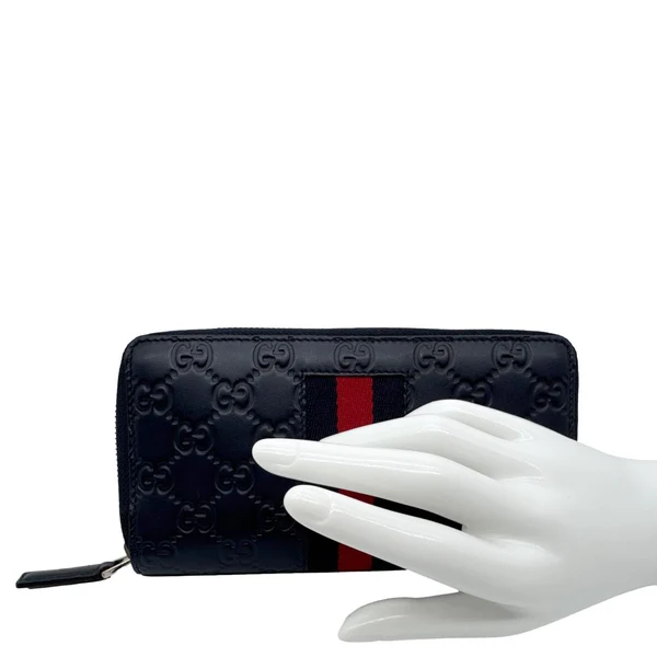 GUCCI Web Leather Zip Around Wallet Navy Blue 459138