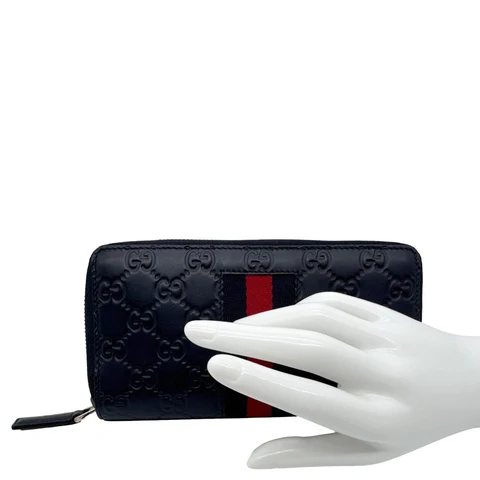 GUCCI Web Leather Zip Around Wallet Navy Blue 459138