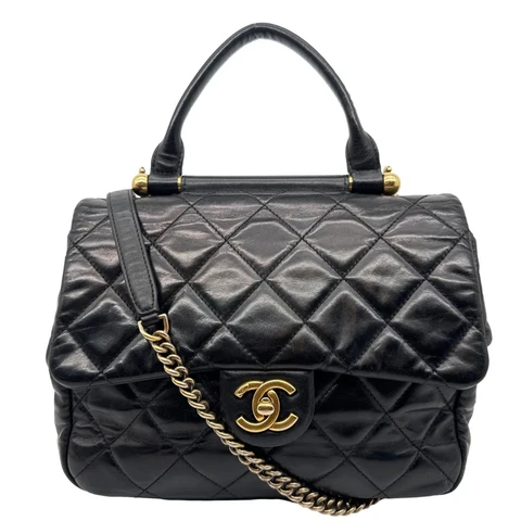 CHANEL Gold Bar Top Handle Flap Medium Quilted Calfskin Leather Shoulder Bag Black