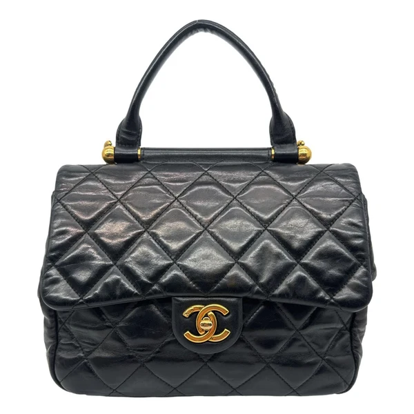 CHANEL Gold Bar Top Handle Flap Medium Quilted Calfskin Leather Shoulder Bag Black