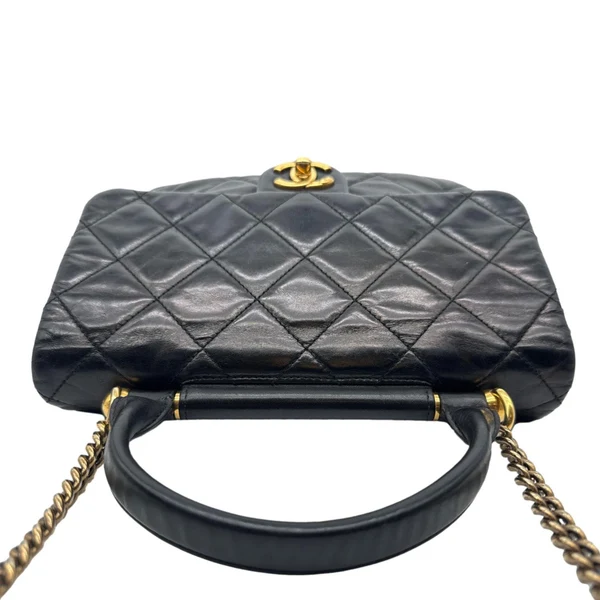CHANEL Gold Bar Top Handle Flap Medium Quilted Calfskin Leather Shoulder Bag Black