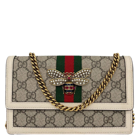 GUCCI Web Queen Margaret Mini GG Supreme Canvas Chain Wallet Beige 476079