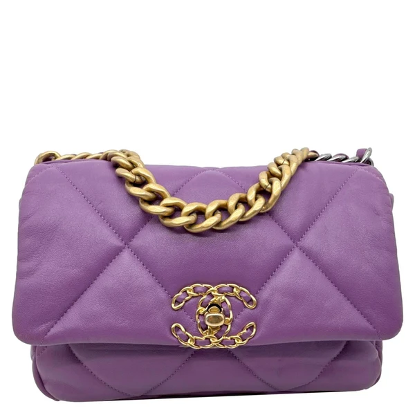 CHANEL 19 Flap Medium Quilted Lambskin Leather Shoulder Bag Purple