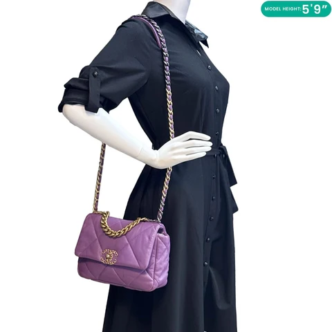 CHANEL 19 Flap Medium Quilted Lambskin Leather Shoulder Bag Purple