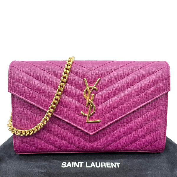 YVES SAINT LAURENT Monogram Grain De Poudre Chevron Leather Chain Wallet Pink