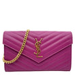 YVES SAINT LAURENT Monogram Grain De Poudre Chevron Leather Chain Wallet Pink