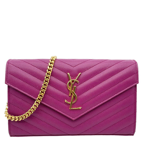 YVES SAINT LAURENT Monogram Grain De Poudre Chevron Leather Chain Wallet Pink