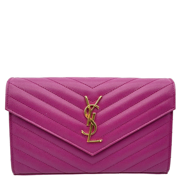 YVES SAINT LAURENT Monogram Grain De Poudre Chevron Leather Chain Wallet Pink