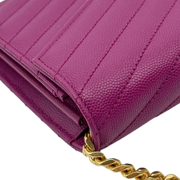 YVES SAINT LAURENT Monogram Grain De Poudre Chevron Leather Chain Wallet Pink