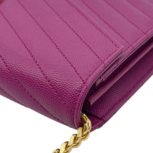 YVES SAINT LAURENT Monogram Grain De Poudre Chevron Leather Chain Wallet Pink