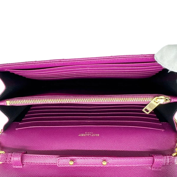 YVES SAINT LAURENT Monogram Grain De Poudre Chevron Leather Chain Wallet Pink