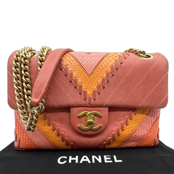 CHANEL Paris-Cuba Flap Python Patchwork Chevron Leather Shoulder Bag Multicolor