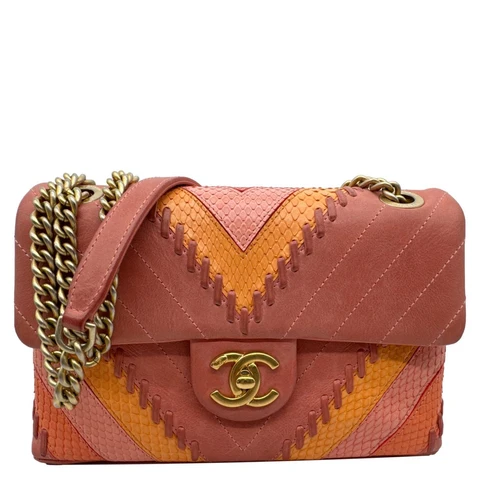 CHANEL Paris-Cuba Flap Python Patchwork Chevron Leather Shoulder Bag Multicolor