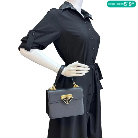 PRADA Symbole Flap Saffiano Leather Shoulder Bag Black