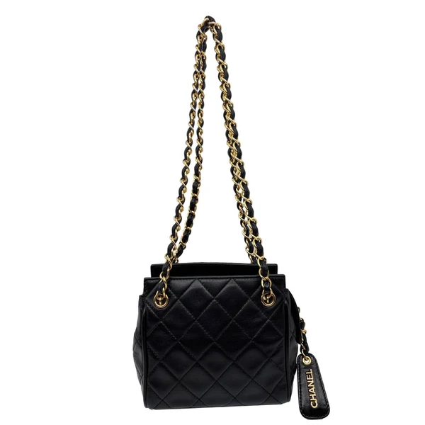 CHANEL Vintage Mini Quilted Quilted Lambskin Leather Tote Bag Black