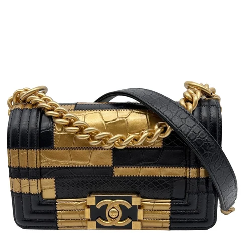 CHANEL Boy Flap Small Crocodile Embossed Leather Shoulder Bag Gold