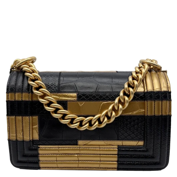 CHANEL Boy Flap Small Crocodile Embossed Leather Shoulder Bag Gold