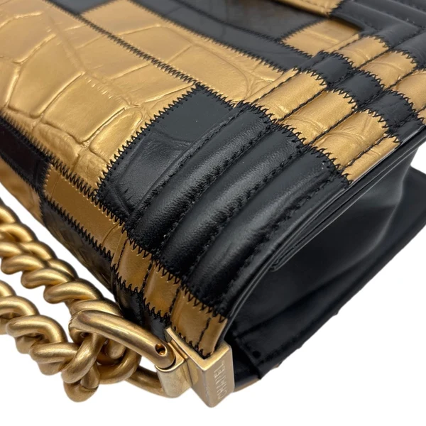 CHANEL Boy Flap Small Crocodile Embossed Leather Shoulder Bag Gold