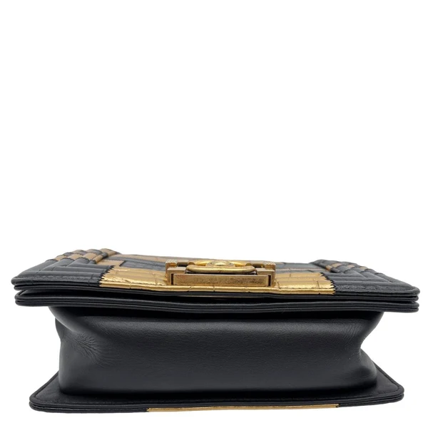CHANEL Boy Flap Small Crocodile Embossed Leather Shoulder Bag Gold