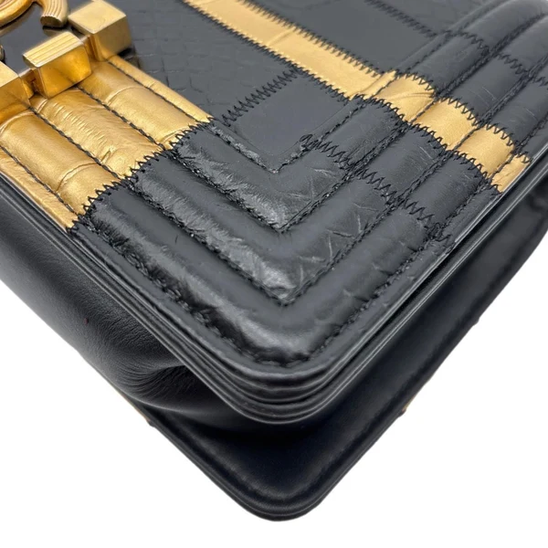 CHANEL Boy Flap Small Crocodile Embossed Leather Shoulder Bag Gold