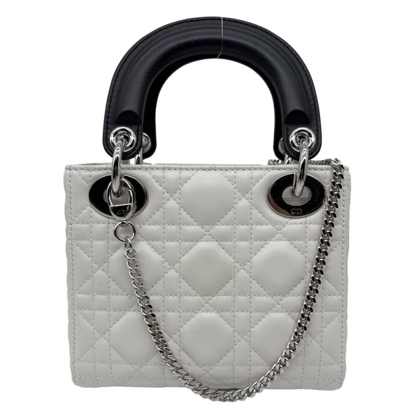 CHRISTIAN DIOR Mini Lady Dior Cannage Lambskin Leather Chain Crossbody Bag White