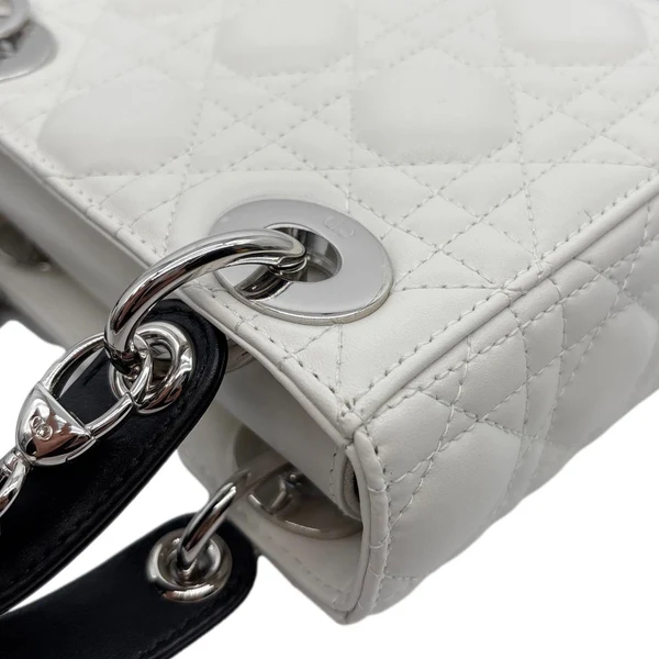 CHRISTIAN DIOR Mini Lady Dior Cannage Lambskin Leather Chain Crossbody Bag White