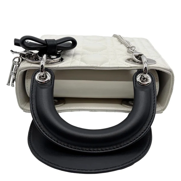 CHRISTIAN DIOR Mini Lady Dior Cannage Lambskin Leather Chain Crossbody Bag White
