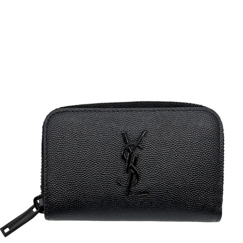 YVES SAINT LAURENT Monogram Logo Grained Leather Zip Coin Purse Black