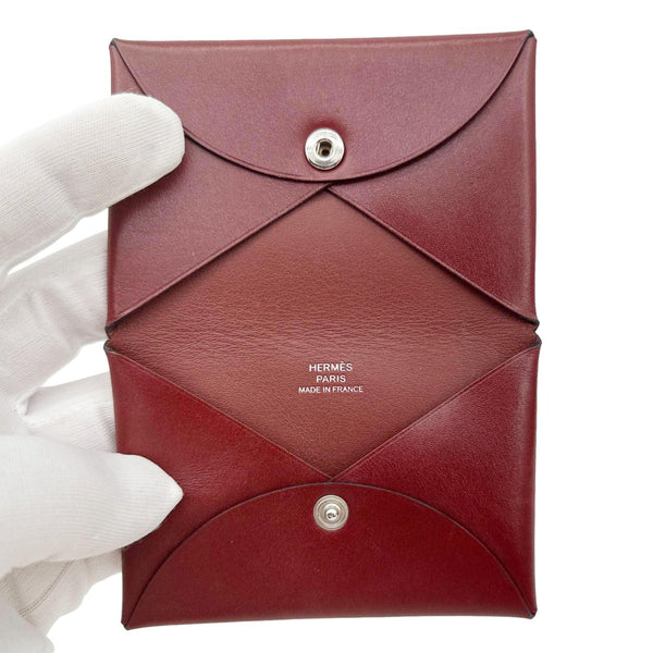 HERMES Duo Calfskin Leather Compact Card Holder Bordeaux