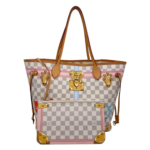 LOUIS VUITTON Neverfull MM Summer Trunks Damier Azur Tote Bag White