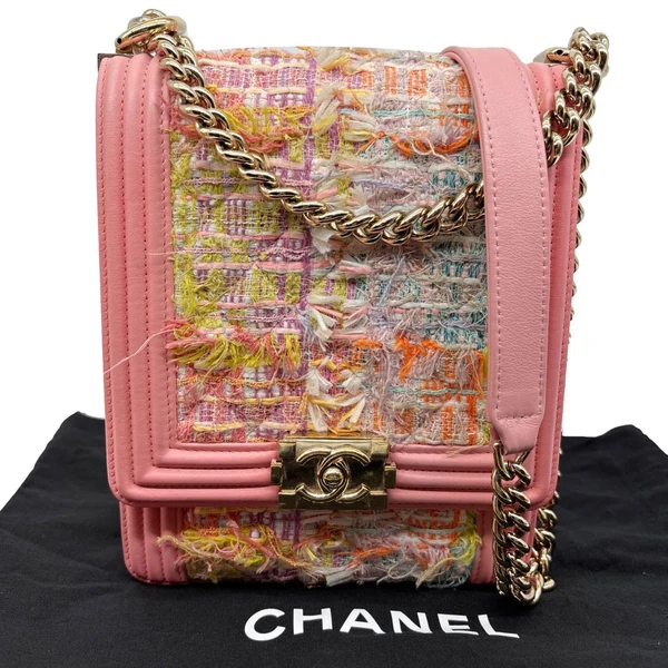 CHANEL Boy Flap North South Tweed Shoulder Bag Pink