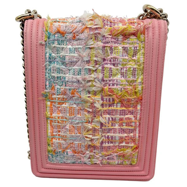 CHANEL Boy Flap North South Tweed Shoulder Bag Pink