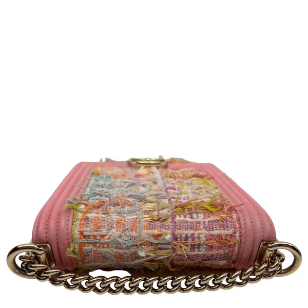 CHANEL Boy Flap North South Tweed Shoulder Bag Pink