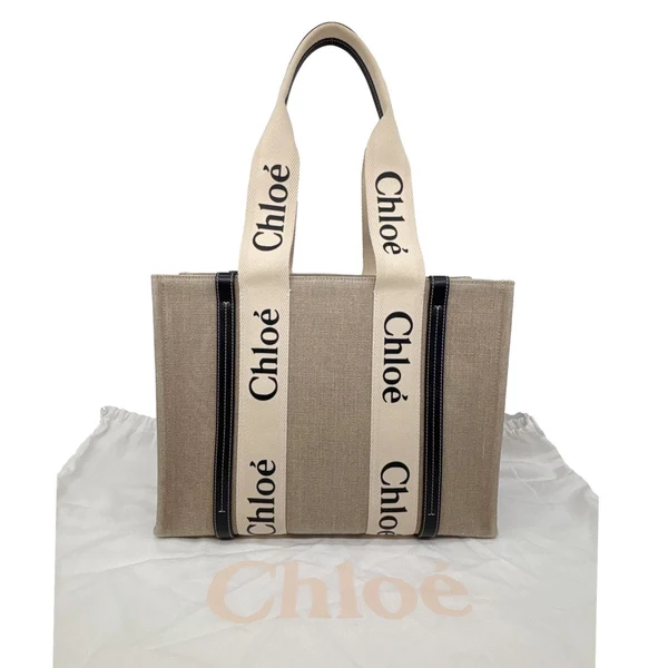 CHLOE Woody Medium Linen Canvas Tote Bag Cream