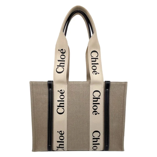 CHLOE Woody Medium Linen Canvas Tote Bag Cream