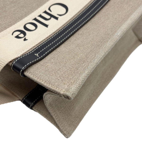 CHLOE Woody Medium Linen Canvas Tote Bag Cream