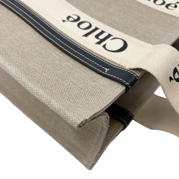 CHLOE Woody Medium Linen Canvas Tote Bag Cream