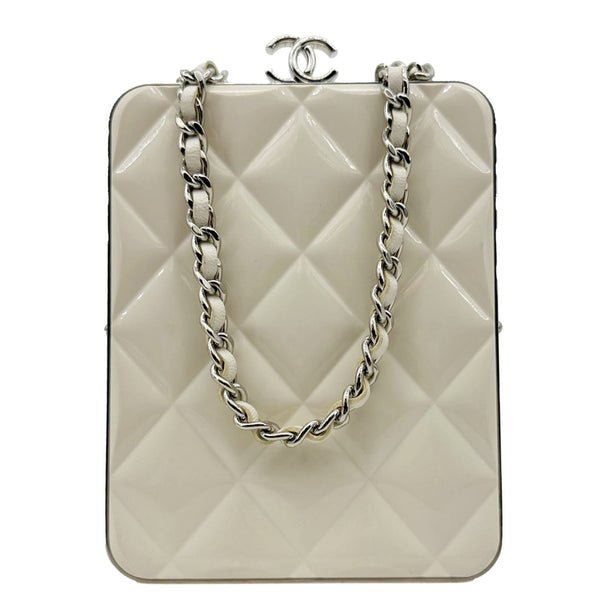 CHANEL Kisslock Logo Plexiglass Quilted Lambskin Leather Clutch With Chain White