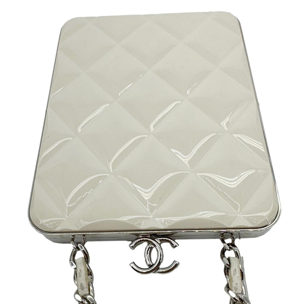 CHANEL Kisslock Logo Plexiglass Quilted Lambskin Leather Clutch With Chain White