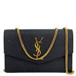 YVES SAINT LAURENT Uptown Envelope Grain De Poudre Leather Crossbody Chain Wallet Black