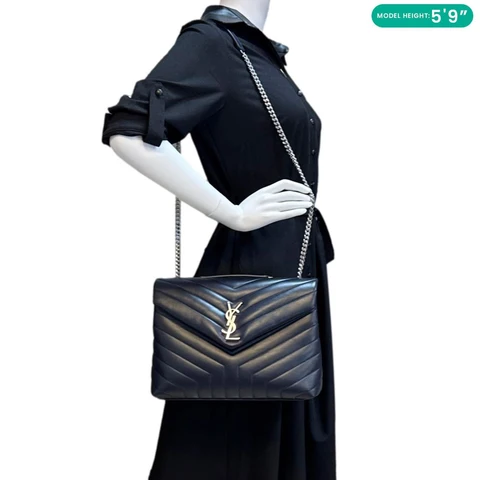 YVES SAINT LAURENT Loulou Medium Quilted Leather Crossbody Bag Navy Blue