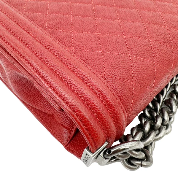 CHANEL Boy Flap New Medium Quilted Caviar Leather Chain Shoulder Bag Red