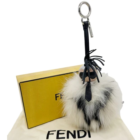 FENDI Karlito Pompom Leather Fox Fur Bag Charm White