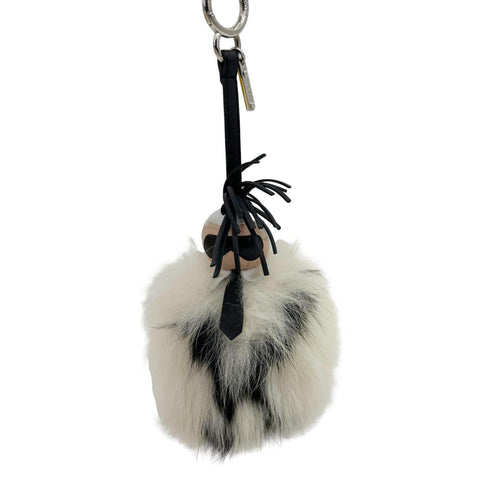 FENDI Karlito Pompom Leather Fox Fur Bag Charm White