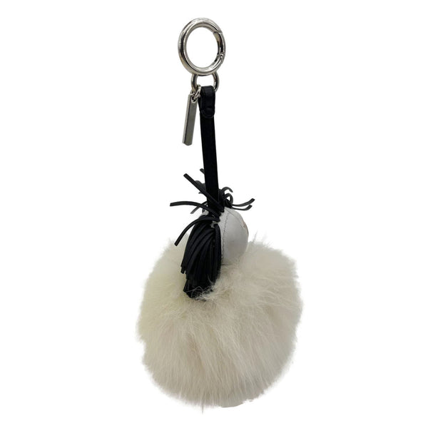 FENDI Karlito Pompom Leather Fox Fur Bag Charm White
