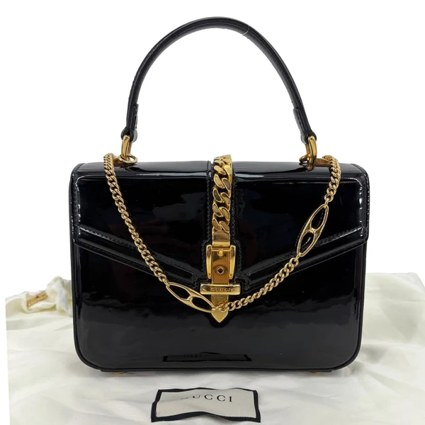 GUCCI Sylvie 1969 Mini Patent Leather Top Handle Shoulder Bag Black 589479