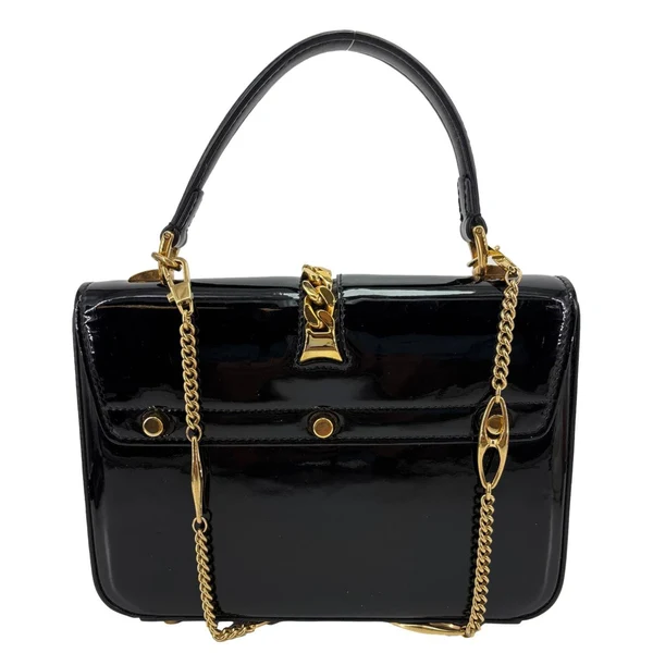 GUCCI Sylvie 1969 Mini Patent Leather Top Handle Shoulder Bag Black 589479