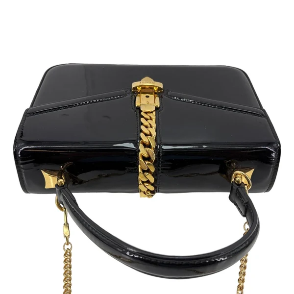GUCCI Sylvie 1969 Mini Patent Leather Top Handle Shoulder Bag Black 589479